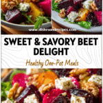 Vibrant Balsamic Roasted Beet Salad with goat cheese, walnuts, and raisins served as a Healthy Beet Salad Recipe.